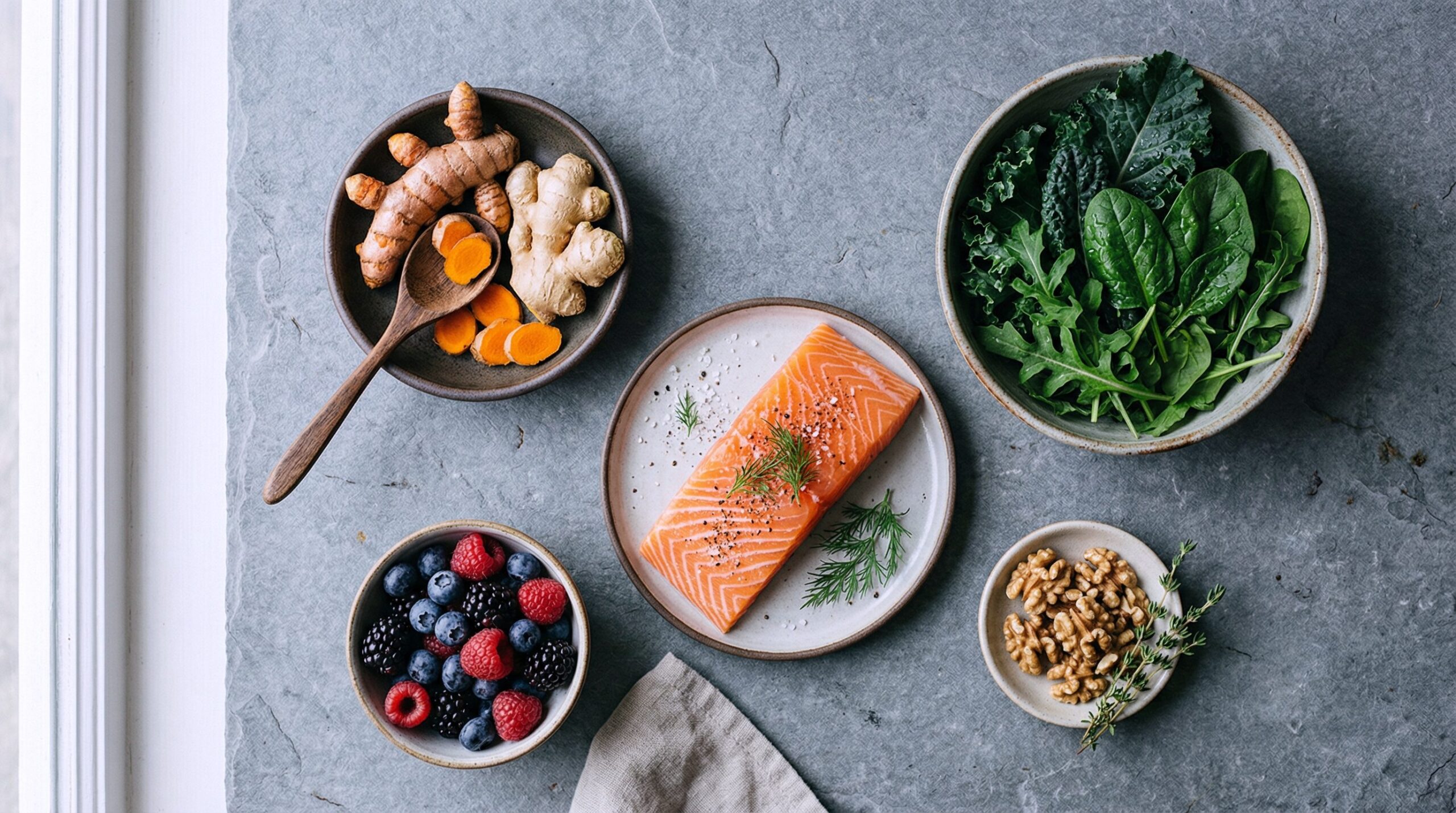 Overhead flat lay of salmon fillet, mixed berries, leafy greens, turmeric, ginger, and walnuts arranged in ceramic bowls on a gray stone surface.