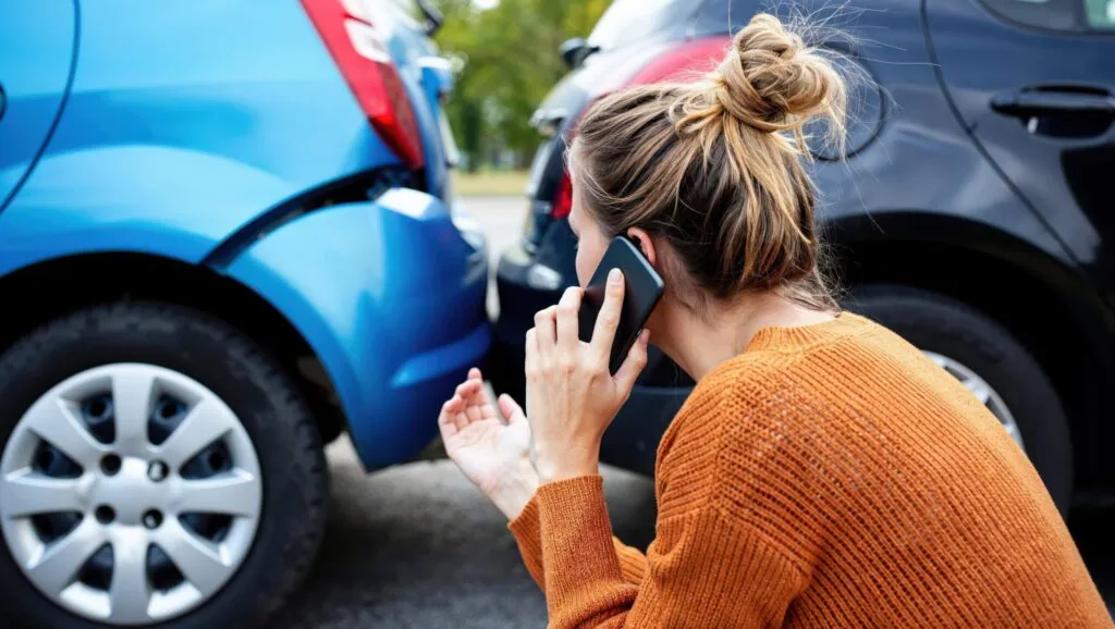 Woman in orange sweater calling on phone at scene of car accident between blue and dark vehicles