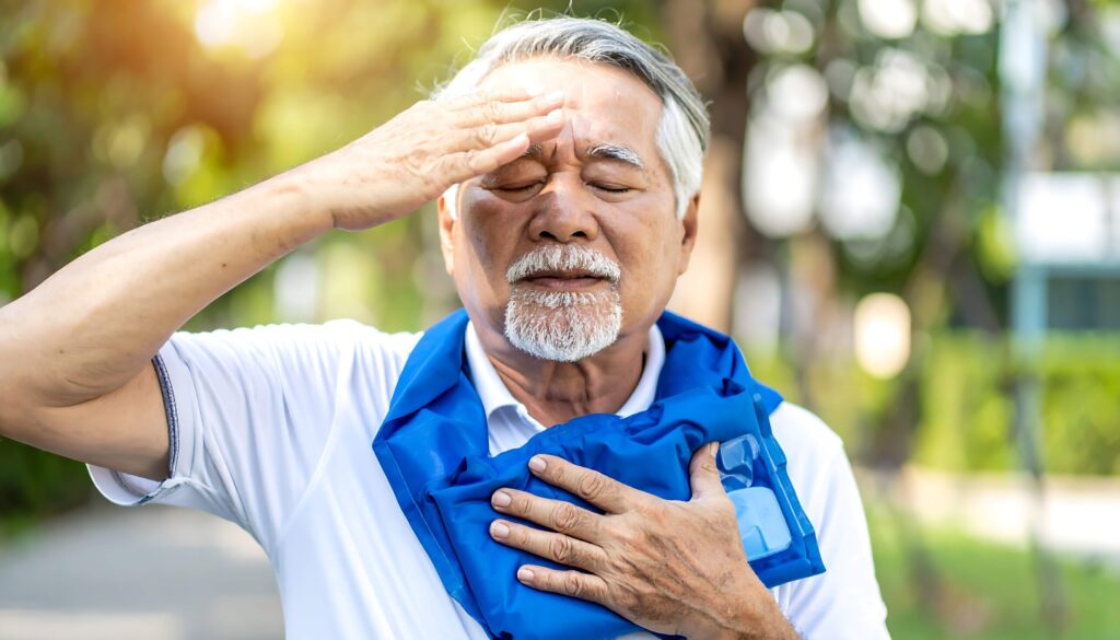 Older man with gray beard wearing blue vest over white shirt, holding forehead with one hand and chest with other, appearing fatigued or in discomfort outdoors